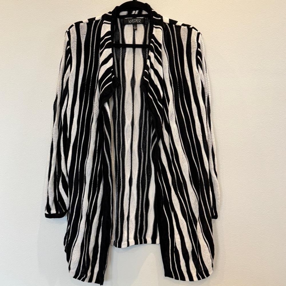 Kasper Black and White Striped Knit Cardigan Size Large